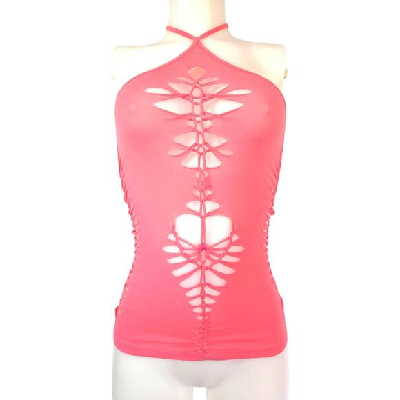ROSE WEB - SMALL - Coral Halter Top with Cut and Weaved Front, Sides, and Back - Picture 1 of 5